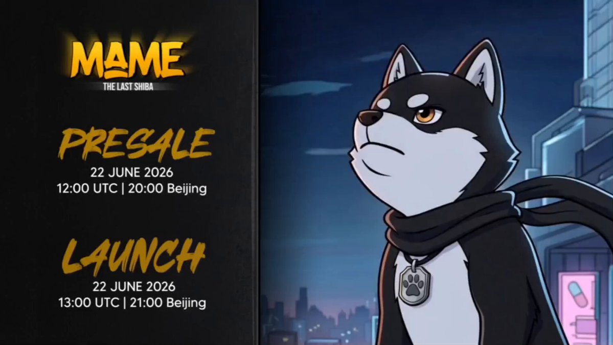 The image features a poster for a meme event, with a black background and white text. The poster displays an illustration of a dog wearing a scarf and has the words "MAME" written above it. Below this, there are two dates and times for the event: "Presale Launches 22 June 2016 at 12:00 UTCT +8 four.meme/en/presale/102" and "22 June 2016 at 20:00 UTC+8 four.meme/en/presale/102". The poster also mentions that there is a "Whitelist Subscription per Wallet", which implies that the event is related to meme culture and may be about creating or sharing memes for financial gain.