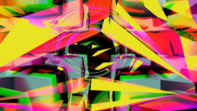 An abstract, brightly colored digital artwork with sharp geometric shapes, neon colors, and overlapping triangular forms.