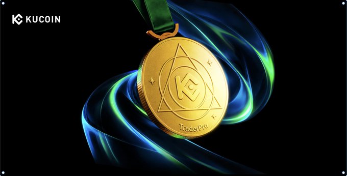 A gold "KuCoin TraderPro" medal with a green ribbon is displayed against a black background with glowing blue and green ribbon swirls, symbolizing an achievement award. The "KUCOIN" logo appears in the top-left corner, tying the award imagery to the post's message about KuCoin TraderPro's new lead trader program and funded challenge.