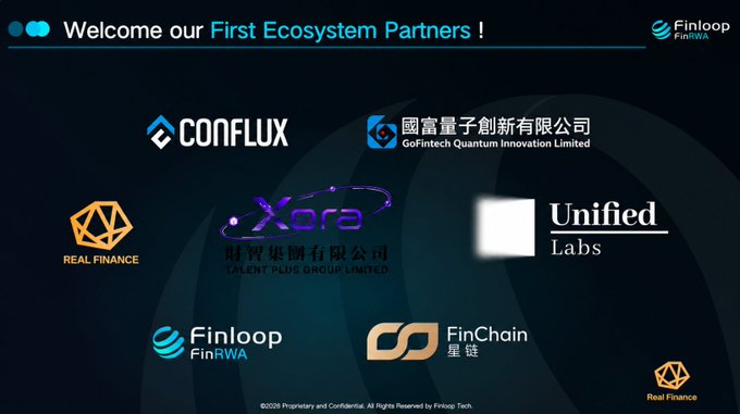The image showcases "First Ecosystem Partners" announcement from Finloop FinRWA, featuring partner logos including Conflux, GoFintech Quantum Innovation Limited, Xora (Talent Plus Group Limited), Unified Labs, Real Finance, and FinChain (星链). The post relates to the image by highlighting Real Finance's participation in the CYPHER ASIA event and their rfuidl initiative, connecting this to their role as one of the featured ecosystem partners shown in the announcement.
