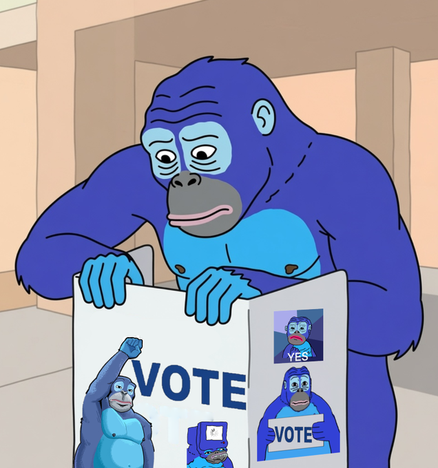 A cartoon-style digital drawing of a melancholy blue gorilla behind a voting booth, with stickers showing the same gorilla character raising a fist with "VOTE" and holding signs saying "YES" and "VOTE".