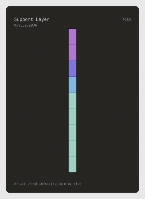 A digital artwork titled 'Support Layer' showing a vertical column of stacked colored rectangles (purple, blue, teal) with the address '0xa569...e836', numbered 0289, and labeled 'Artist owned infrastructure by ripe'.