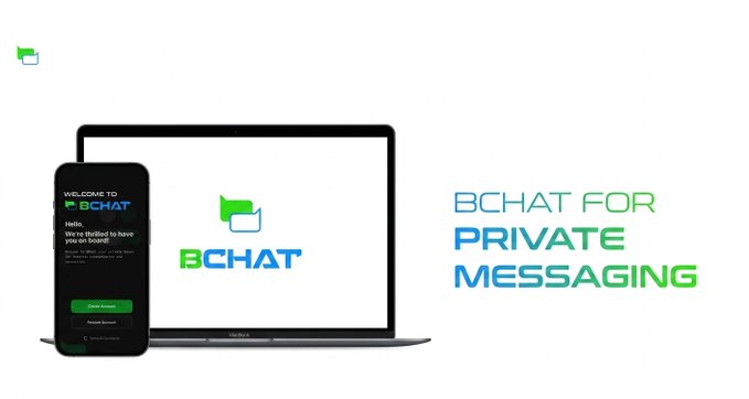 The image showcases "BCHAT FOR PRIVATE MESSAGING" alongside a laptop displaying the BCHAT logo and a smartphone showing the app's "WELCOME TO BCHAT" interface, promoting BeldexCoin's privacy-focused messaging platform as an example of their protocol-level privacy technology mentioned in the post.