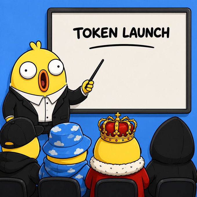A cartoon bird in a suit presents a whiteboard reading "TOKEN LAUNCH" to an audience of fellow characters, including one wearing a crown and another in a cloud-patterned hoodie, visually illustrating the introduction of the $WOOP token launch process described in the post.