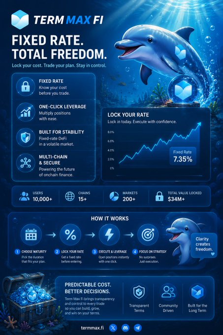 An infographic for 'TERM MAX FI' advertising 'FIXED RATE. TOTAL FREEDOM' with a dolphin, showing features like 'LOCK YOUR RATE' at 7.35%, 10,000+ users, 15+ chains, and 200+ markets.