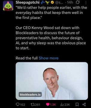 A social media post from Sleepagotchi (@s...) discussing preventative health, featuring a photo of a man and text mentioning CEO Kenny Wood and Blockleaders, with engagement metrics showing 1.3K likes and 23K views.