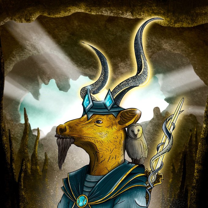 Fantasy illustration of an antelope-like creature with large curved horns wearing a crown, with an owl perched on its shoulder in a cave setting.