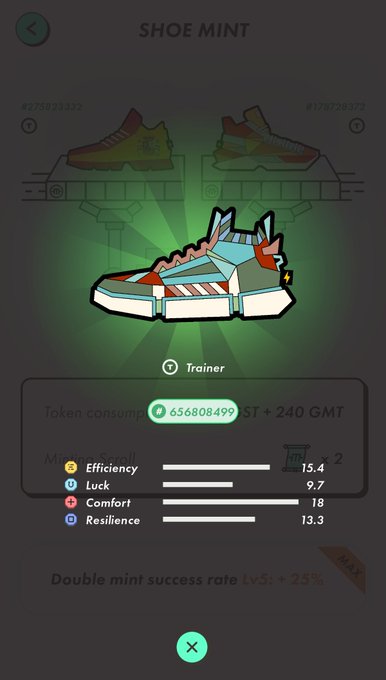 The image shows a "SHOE MINT" screen from the STEPN app, displaying a colorful sneaker with Trainer stats including Efficiency 15.4, Luck 9.7, Comfort 18, and Resilience 13.3, requiring 656808499 GST + 240 GMT tokens to mint. This relates to the post about the user's journey toward minting an ASICS Epic Trainer in STEPN, with the minting stats and token consumption costs shown being key to that process.