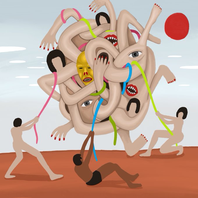 A surreal digital painting depicting figures struggling against a massive, tangled knot of limbs and faces with multiple eyes and mouths, set against a barren landscape under a red sun.