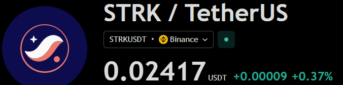 A cryptocurrency trading interface displaying 'STRK / TetherUS' with the ticker 'STRKUSDT' on Binance, showing a price of '0.02417 USDT' and a positive change of '+0.00009 +0.37%' next to a blue circular logo with a wave design.