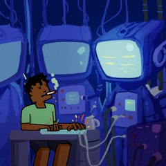 The image is a cartoon-style illustration showing a stressed person smoking a cigarette while working intensely at a desk covered in wires and tangled cables, surrounded by multiple glowing computer monitors in a dark room filled with smoke. It visually conveys the overwhelming, chaotic pressure of managing centralized funds, symbolizing the heavy burden that the transition to a multi-sig wallet aims to alleviate.