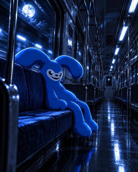 An eerie digital artwork shows a blue, long-eared rabbit-like creature sitting on a seat inside a dimly lit, empty train car at night, illuminated by a full moon through the window.