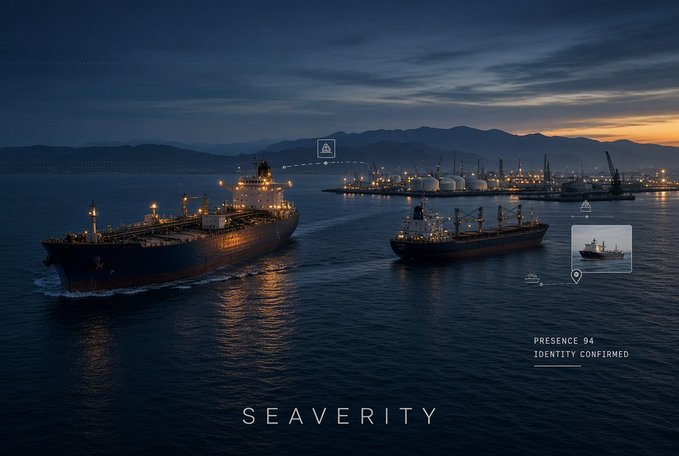 A dramatic dusk scene over a harbor showing two large oil tankers with the word 'SEAVERITY' centered below and a 'PRESENCE 94 / IDENTITY CONFIRMED' interface overlay on the right.