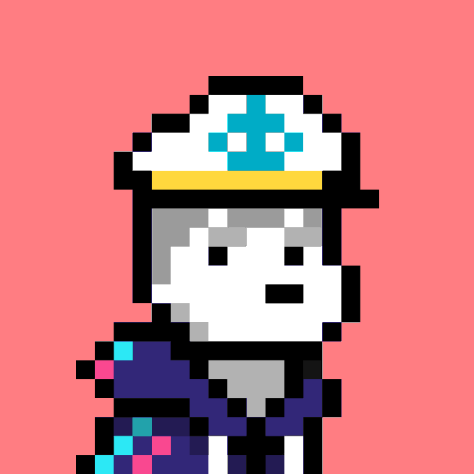 A pixel art illustration of a character wearing a white sailor hat with a teal emblem and a purple jacket against a solid pink background.