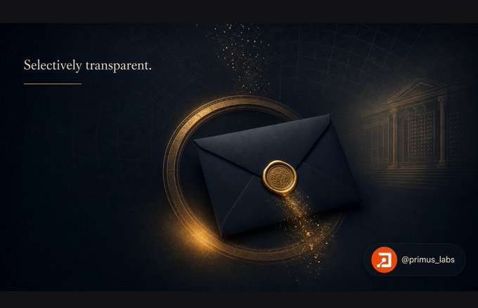 A navy and gold circular emblem displays the phrase "Selectively transparent." alongside a sealed black envelope with a golden wax seal, with "@primus_labs" credited in the corner. The image visually reinforces the post's theme of confidentiality as the next onchain narrative—suggesting that while blockchain offers transparency, the future will require selectively private communication to accommodate growing institutional capital, stablecoins, and RWAs moving on public infrastructure.