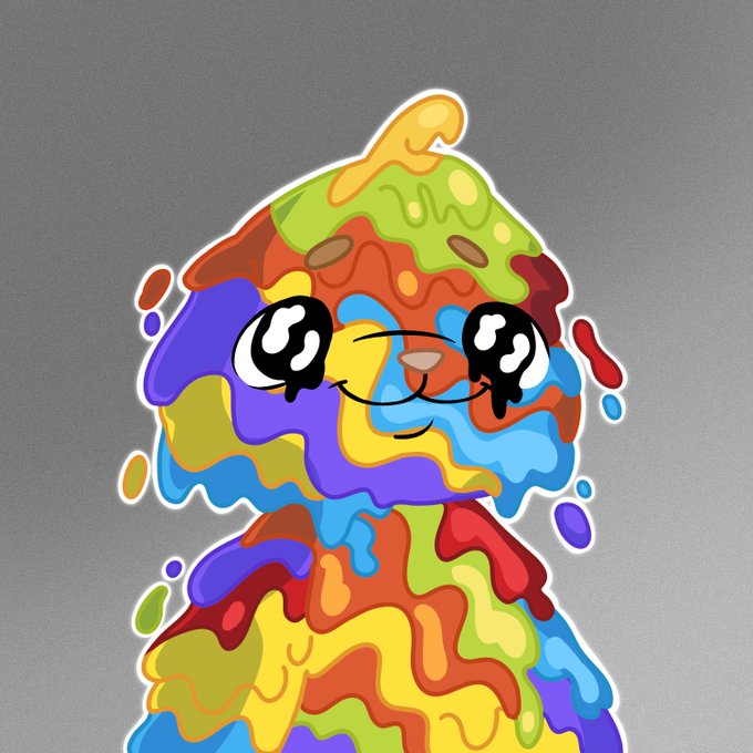 A cute cartoon character made of dripping, multicolored paint with a smiling face and big eyes sticks out its tongue. It fits the "gm" (good morning) post by adding a playful, cheerful vibe to a casual crypto greeting.