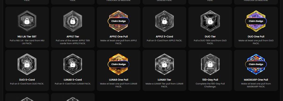 A dark-themed digital interface displays a grid of hexagonal card pack icons, with several marked as 'Claim Badge', labeled with names like 'NIU LAI Tier SBT', 'APPLE Tier', 'DUO Tier', 'LUNAR Tier', and '100-Day Pull'.