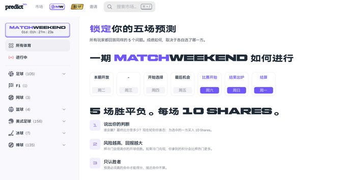 A webpage from Predict (predict.com) titled "锁定你的五场预测" explaining how the "MATCHWEEKEND" prediction game works, featuring 10 SHARES per match across football, F1, tennis, basketball, baseball, ice hockey, and esports.