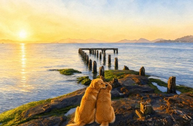 A scenic sunset view over the ocean features two golden retriever dogs sitting together on a rocky, moss-covered shoreline with a wooden pier extending into the water and mountains in the distance.