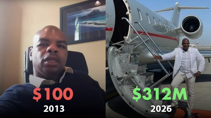 Before and after comparison image of a man, labeled '$100 2013' and '$312M 2026', with photos showing him on the phone and stepping off a private jet.