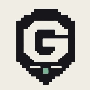 A pixel art style logo depicting a black hooded figure or shield shape containing the letter 'G' in white, with a small green accent at the bottom, set against a cream background.