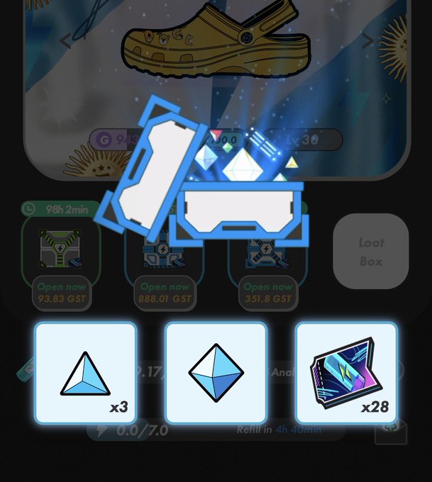 A mobile game screenshot shows a reward interface with blue and white box icons for x3 triangles, x1 diamond, and x28 cards, alongside 'Open now' buttons priced at P3.83 GST, 888.01 GST, and 351.8 GST.