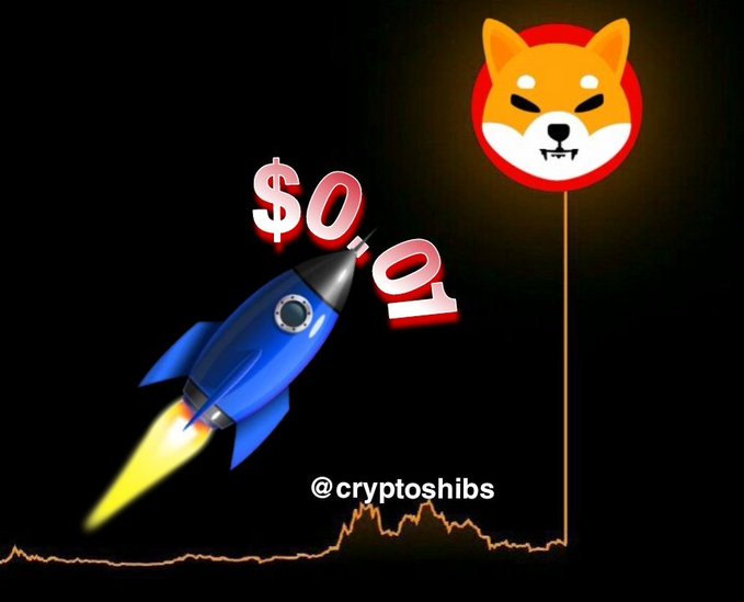 A crypto meme with a blue rocket labeled '$0.01' launching towards a Shiba Inu (SHIB) coin target, credited to '@cryptoshibs'.