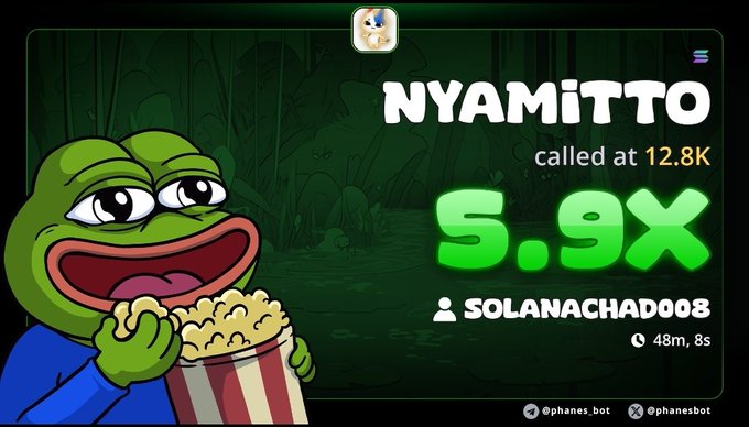 A promotional graphic for "@phanes_bot" shows a victorious Pepe frog eating popcorn, celebrating "SOLANACHAD008" calling "$NYAMITTO" at 12.8K, which has now reached a 5.9X gain within 48 minutes and 8 seconds, echoing the post's celebration of a profitable memecoin call.