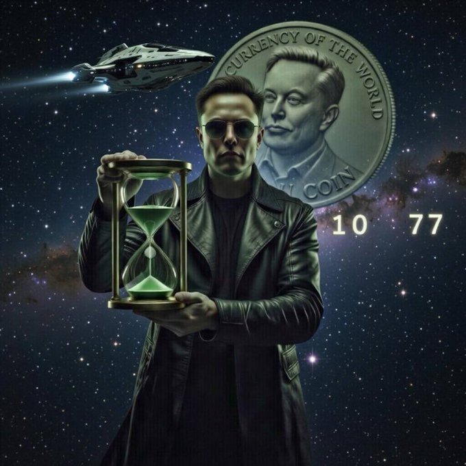 The image features a man dressed in a leather jacket holding a large hourglass with a green candle inside, surrounded by stars and planets. The caption reads "Just HoldElon" which seems to be related to Bitcoin or cryptocurrency. The time displayed on the image is 10:07:77, indicating that it was taken at approximately 10:08 PM.