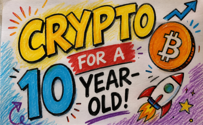 A colorful hand-drawn illustration reads 'CRYPTO FOR A 10 YEAR-OLD!' featuring a Bitcoin coin, rocket ship, and star doodles.