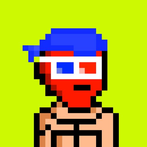 A low-resolution pixel art portrait of a character with a red beard, wearing red and blue 3D glasses and a blue cap, set against a bright green background.