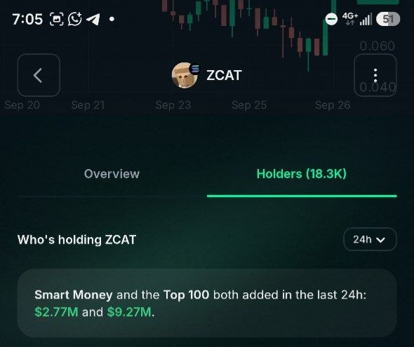 A mobile app screenshot displays token holder data for ZCAT, noting 18.3K holders and highlighting that 'Smart Money and the Top 100 both added in the last 24h: $2.77M and $9.27M.'