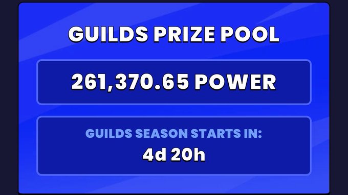 Blue game interface screen titled "GUILDS PRIZE POOL" displaying "261,370.65 POWER" and a countdown timer showing "GUILDS SEASON STARTS IN: 4d 20h".