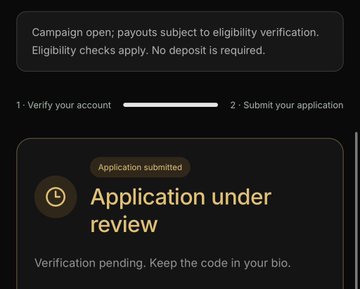 The image shows a Binance campaign notification stating "Application under review" with verification pending and instructions to keep the code in your bio. This relates to the post's step-by-step guide for earning a free $20 through Binance by submitting a profile link, adding a code to your bio, and providing a BSC address.