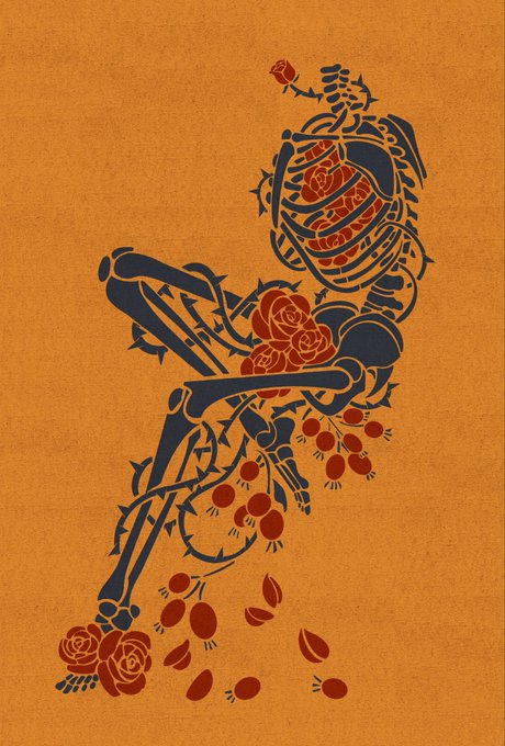 A tattoo-style illustration on an orange textured background depicts a skull intertwined with dark blue thorny vines and red roses, with petals scattered below.