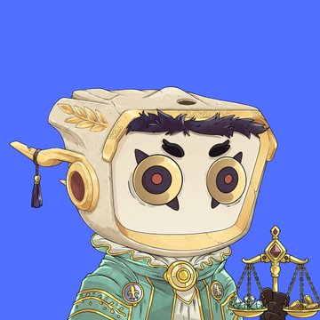 A cartoon illustration of an owl-like character with large expressive eyes, wearing an ornate green and gold outfit, holding a set of golden scales against a solid blue background.