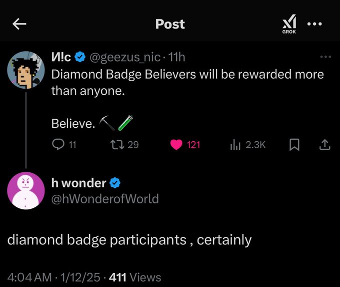 N!c (@geezus_nic) posts "Diamond Badge Believers will be rewarded more than anyone" with 121 likes and 2.3K views, to which h wonder (@hWonderofWorld) replies "diamond badge participants , certainly" with 411 views.
