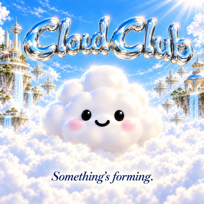 A dreamy, kawaii-style image featuring a cute smiling white cloud in front of a fantasy castle in the sky. The bubbly chrome-style text reads 'CloudClub' at the top and 'Something's forming.' at the bottom.