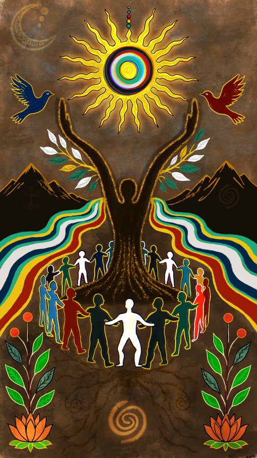 A colorful folk-art style painting depicting human figures holding hands around a tree, with a radiant sun, birds, mountains, and rainbow ribbons, symbolizing unity.