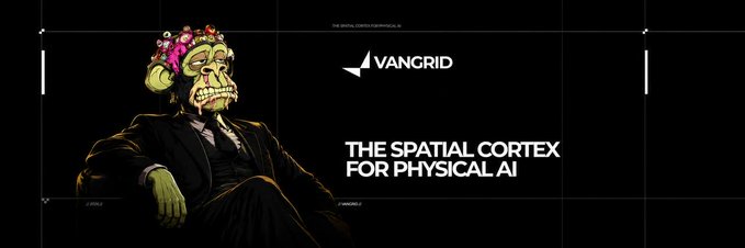 A promotional graphic featuring an illustration of a suited figure with a flower-crowned skeletal head, alongside the text 'VANGRID' and 'THE SPATIAL CORTEX FOR PHYSICAL AI' on a black background.