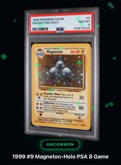 A PSA-graded 1999 Pokemon Game Magneton-Holo card showing an NM-MT 8 grade, displayed with text 'UNCOMMON 1999 #9 Magneton-Holo PSA 8 Game'.