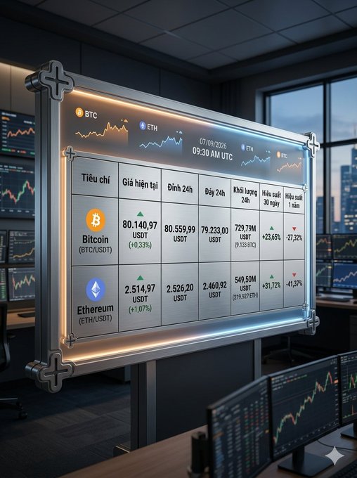 A digital screen displaying cryptocurrency price data for Bitcoin (BTC) and Ethereum (ETH) in a trading office setting, with text including 'Tieu chi', 'Giá hiện tại', and 'Đỉnh 24h'.