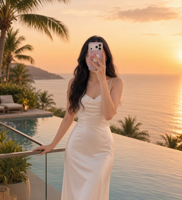 A woman in an elegant white satin dress takes a mirror selfie with her floral-cased phone at a luxurious oceanfront villa, with golden sunset hues reflecting off the infinity pool behind her. The image exudes a serene, aspirational "good morning" vibe, matching the relaxed yet affluent crypto community greeting in the post.