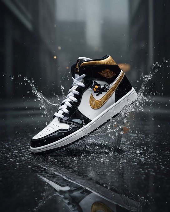 A stylized product image of a black, white, and gold high-top sneaker (resembling an Air Jordan 1) splashing in water on a wet surface.
