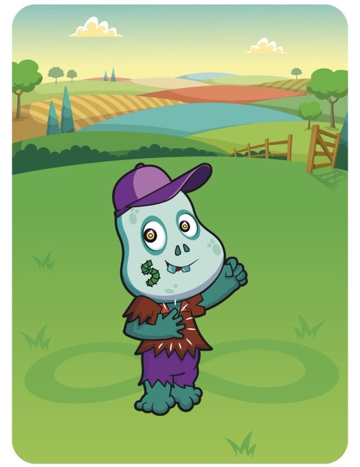 A children's game card illustration depicting a green-skinned zombie-like character with one tooth, wearing a purple cap and tattered clothes, standing in a pastoral countryside landscape.