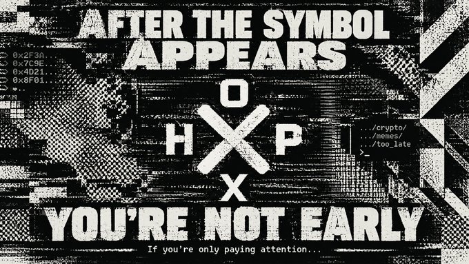 A black and white graphic poster reading 'AFTER THE SYMBOL APPEARS YOU'RE NOT EARLY' with cryptic text fragments including '/crypto/memes/too_late' and hex codes.