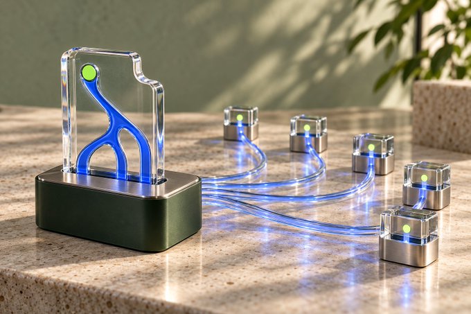 A decorative glass and metal object with blue liquid flowing through clear tubes connecting a central figure to multiple small cubes, sitting on a stone countertop.