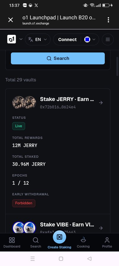 A screenshot of the 'o1 Launchpad | Launch B20' staking platform showing a 'Stake JERRY' vault with 12M rewards and 30.96M JERRY staked, status 'Live', and early withdrawal 'Forbidden'.