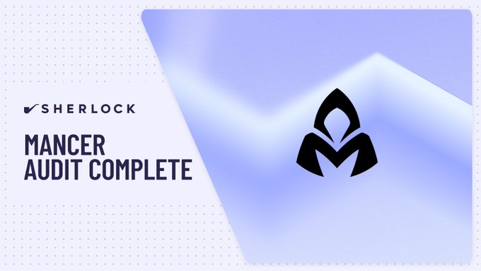 A clean white and light purple graphic for 'SHERLOCK' reading 'MANCER AUDIT COMPLETE' with a black triangular logo.