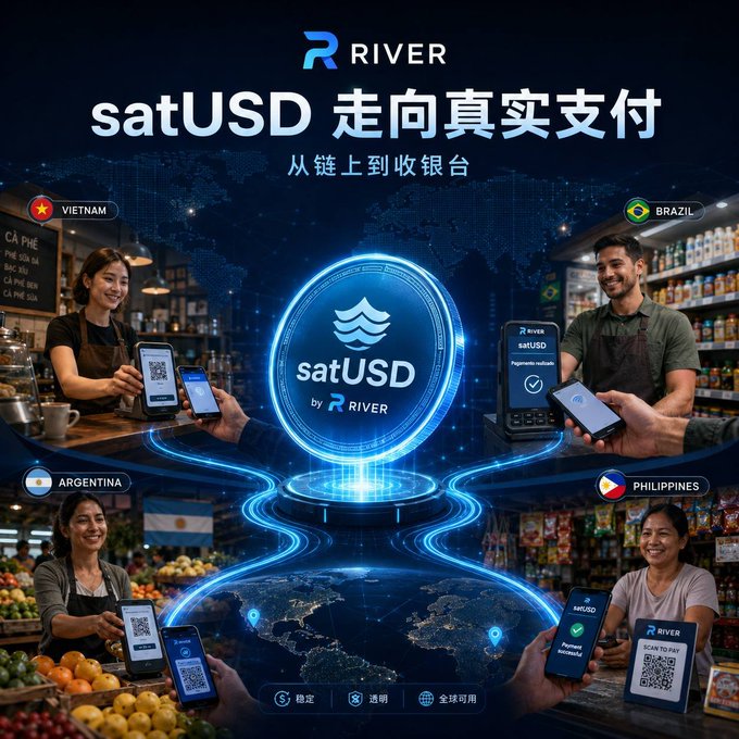 RIVER promotional graphic for 'satUSD' stablecoin titled '走向真实支付' (Towards Real Payment), showing people in Vietnam, Brazil, Argentina, and Philippines making mobile crypto payments.